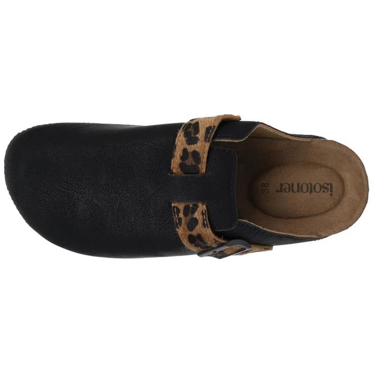isotoner zuecos mujer negro con tira de leopardo