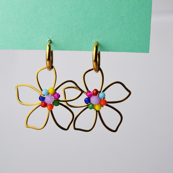 pendientes cortos flor dorada piedras de colores pendientes cortos flor dorada piedras de colores