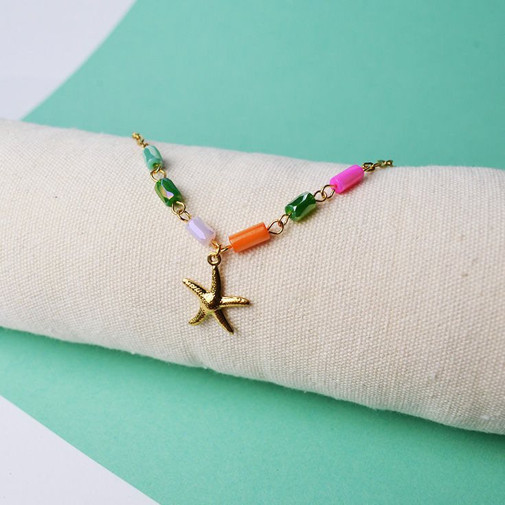 pulsera tobillera dorada con piedras de colores y estrella de mar pulsera tobillera dorada con piedras de colores y estrella de mar