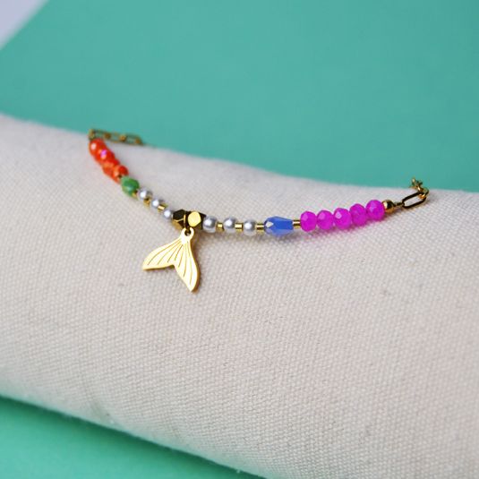 pulsera tobillera dorada con piedras de colores y cola de sirena