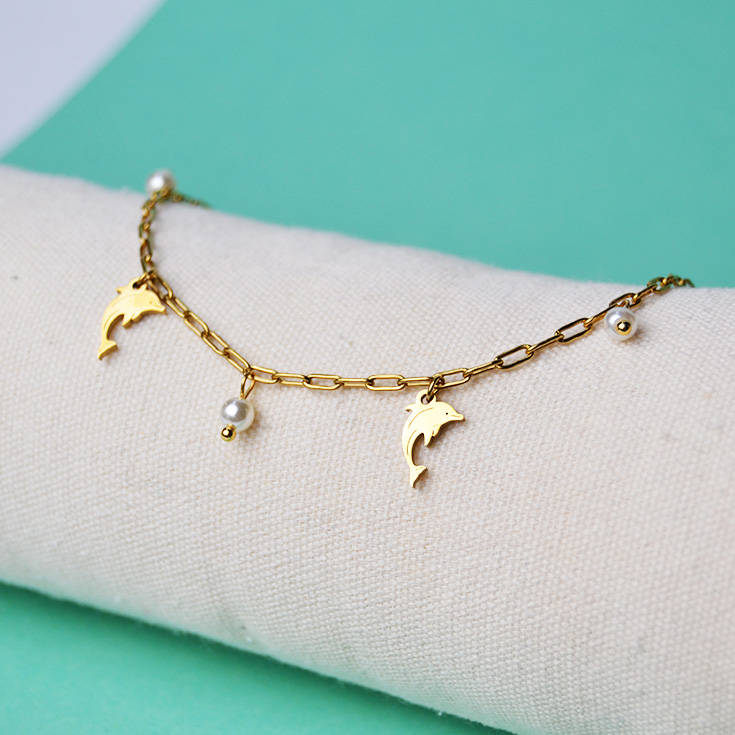 pulsera tobillera dorada con perlas y delfines pulsera tobillera dorada con perlas y delfines