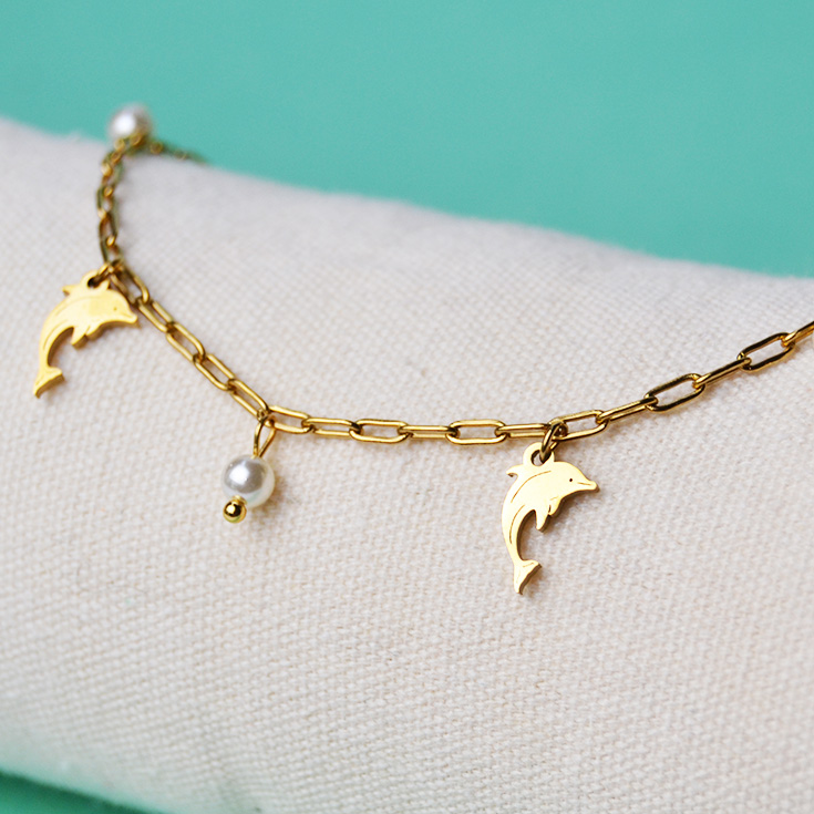 pulsera tobillera dorada con perlas y delfines