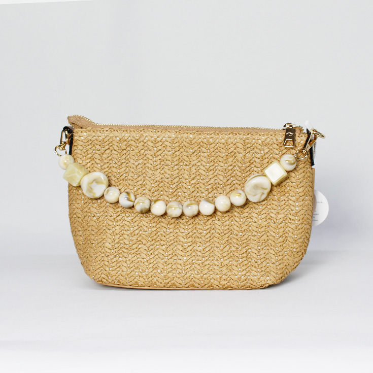 bolso rafia marron con correa piedras marmoladas