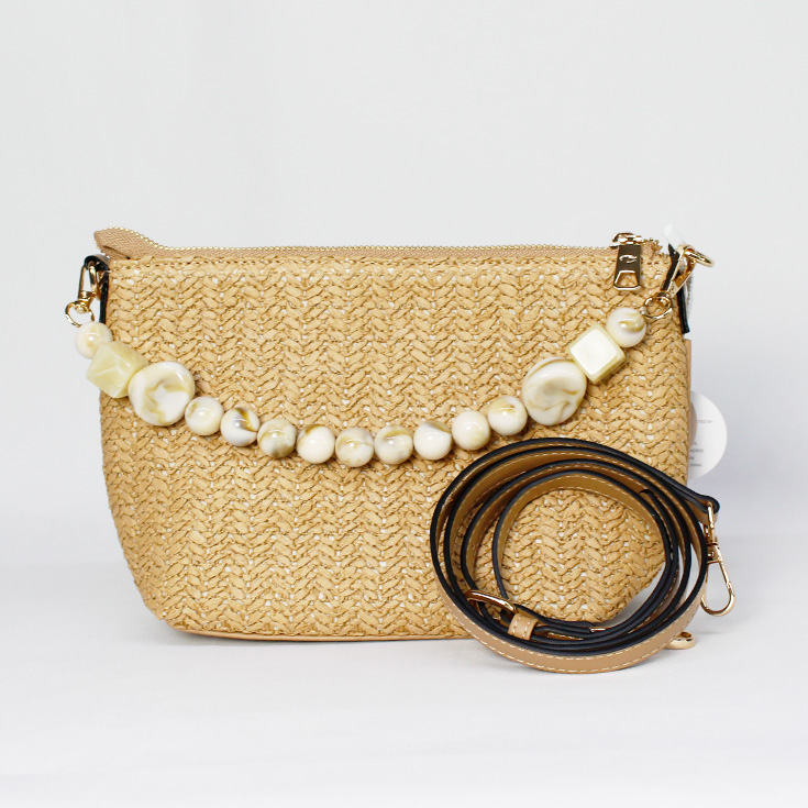 bolso rafia marron con correa piedras marmoladas