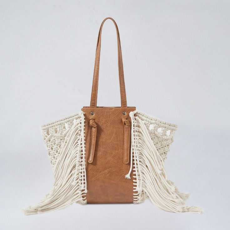 bolso macrame flecos beige