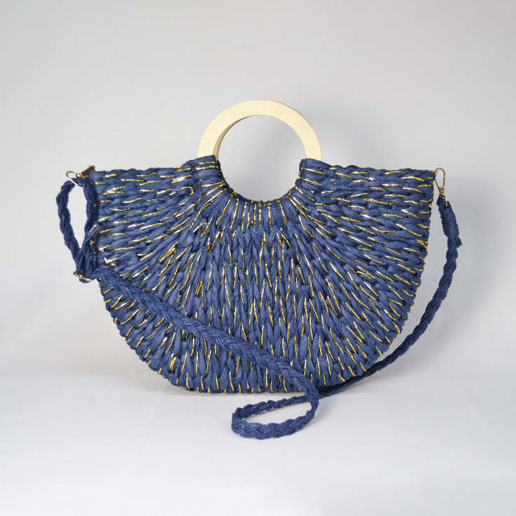 bolso cesta mano rafia azul con hilos dorados