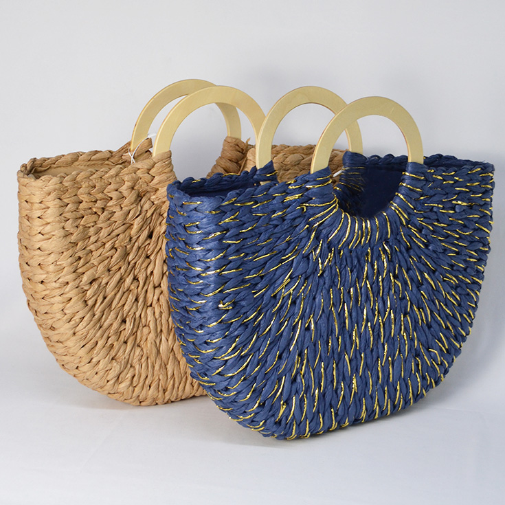 bolso cesta mano rafia azul con hilos dorados