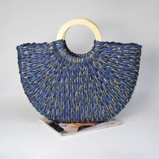 bolso cesta mano rafia azul con hilos dorados