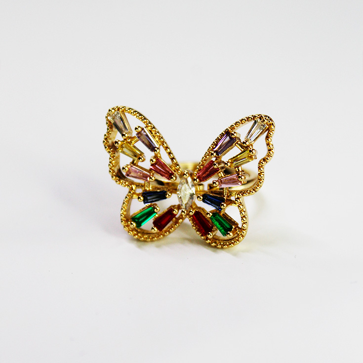 anillo dorado mariposa con cristales de colores