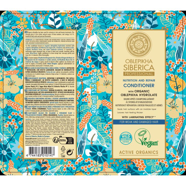 natura siberica-oblepikha acondicionador con hidrolato de espino amarillo organico cabello debil y dañado 400ml