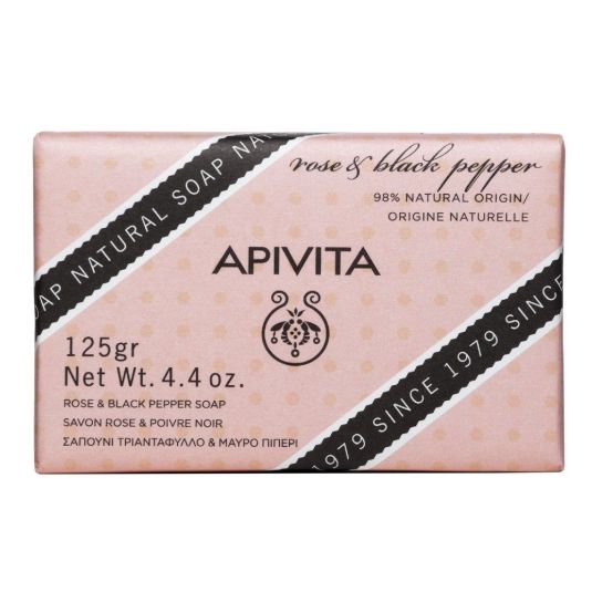 apivita pastilla jabon natural con rosa y pimienta negra 125g