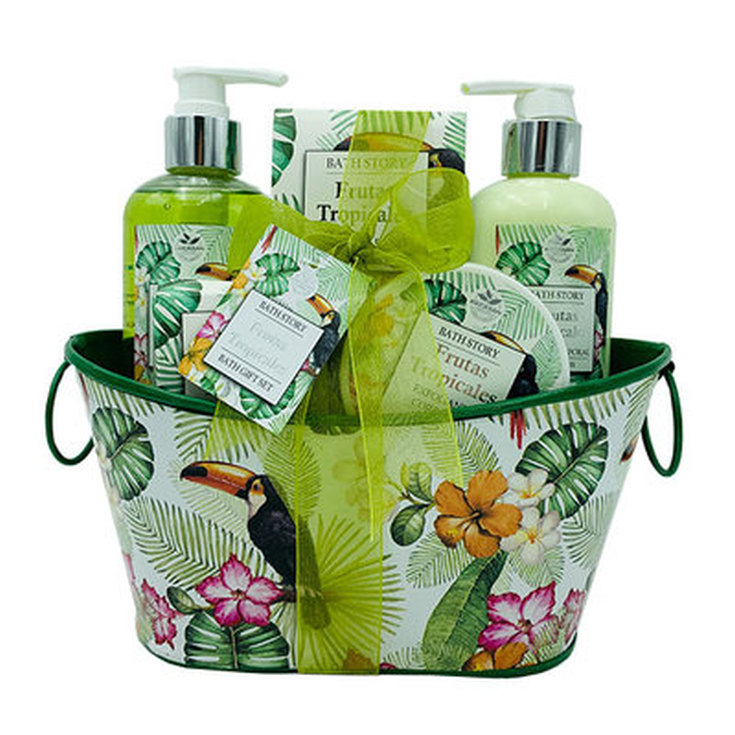set de baño cesta metálica frutas tropicales 5 piezas set de baño cesta metálica frutas tropicales 5 piezas