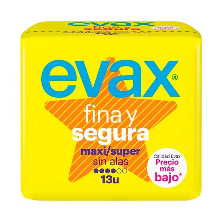 evax fina y segura compresas sin alas maxi/super 13uds