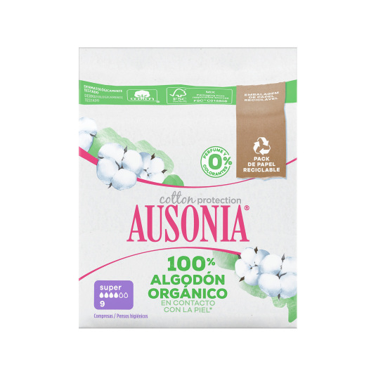 ausonia organic cotton compresas con alas super 9 unds 
