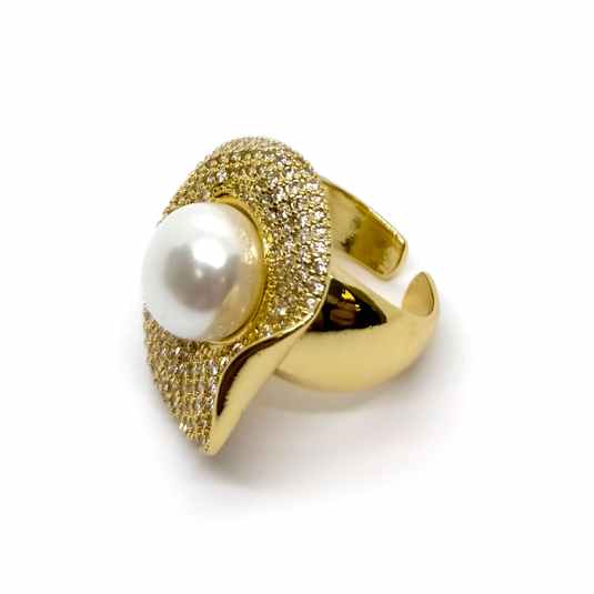 cascabela anillo grueso dorado con perla y brillantes