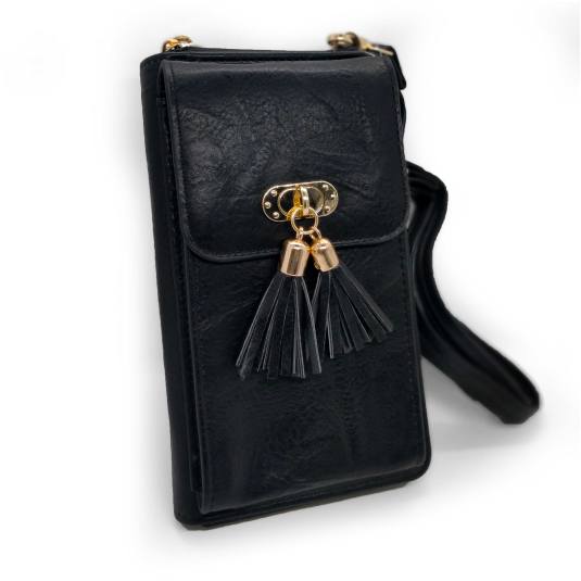bolso para movil negro con solapa con broche dorado mujer
