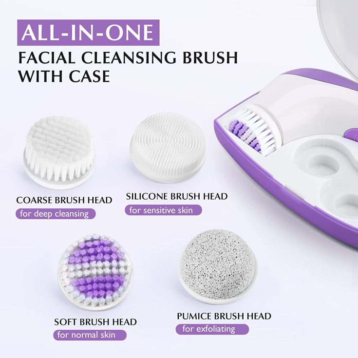 etereauty cepillo de limpieza facial lila 4 cabezales tamaño viaje