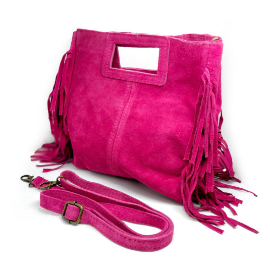 bolso mano ante flecos fucsia