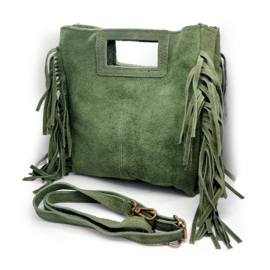 bolso mano ante flecos verde