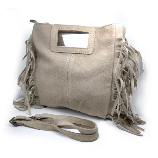 bolso mano ante flecos beige