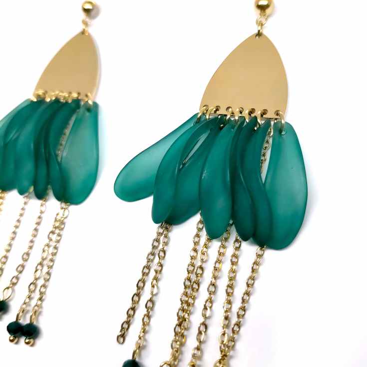 pendientes fantasia largos petalos verde aguamarina