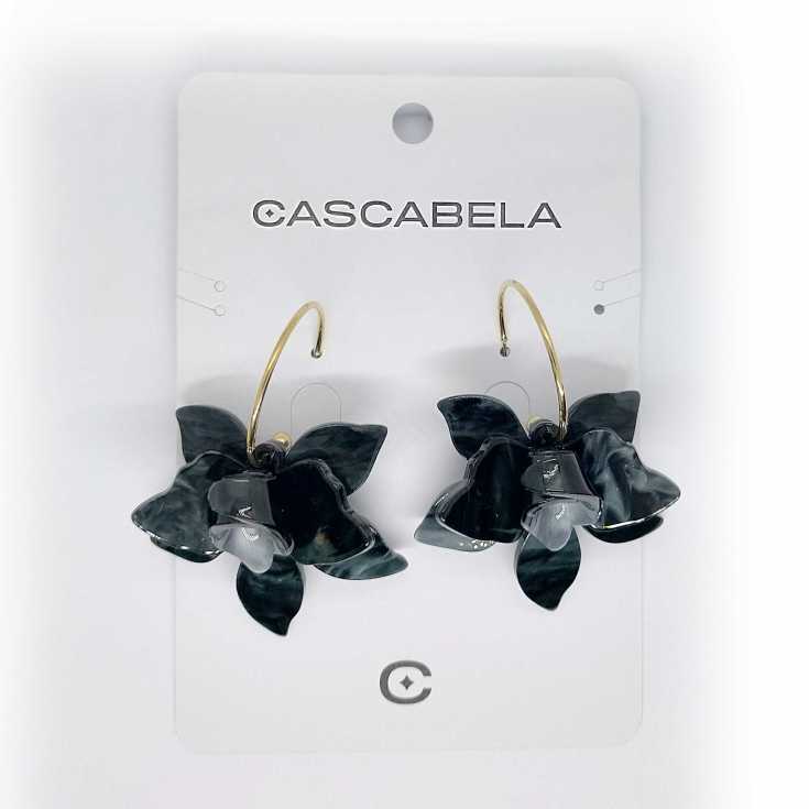 pendientes aro dorado con flor orquidea negra 3d acrilico