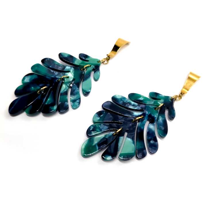 pendientes largos hojas verdes azul nacarados