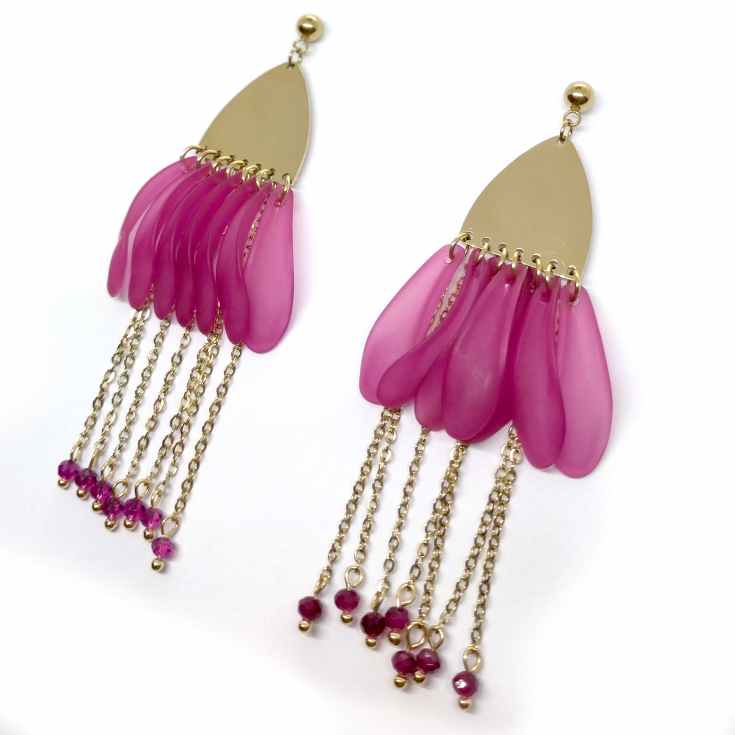 pendientes fantasia largos petalos fucsia