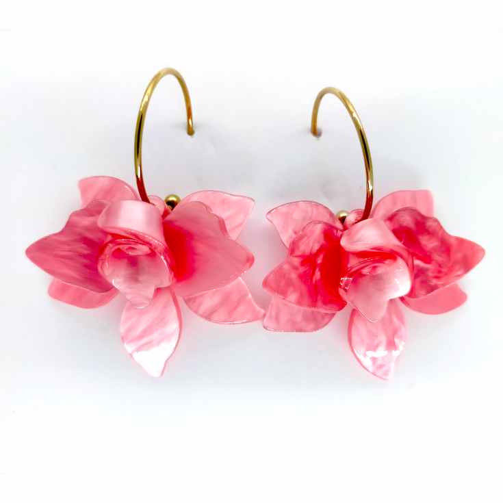 pendientes aro con flor orquidea rosa 3d acrilico