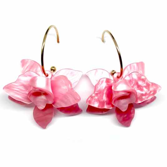 pendientes aro con flor orquidea rosa 3d acrilico