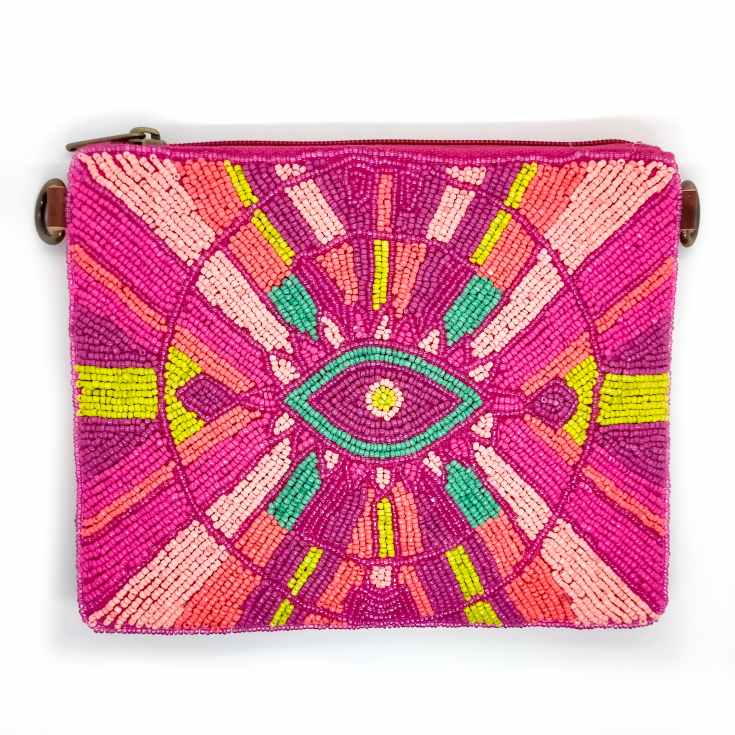 bolso clutch bordado pedreria ojo para mujer fucsia multicolor