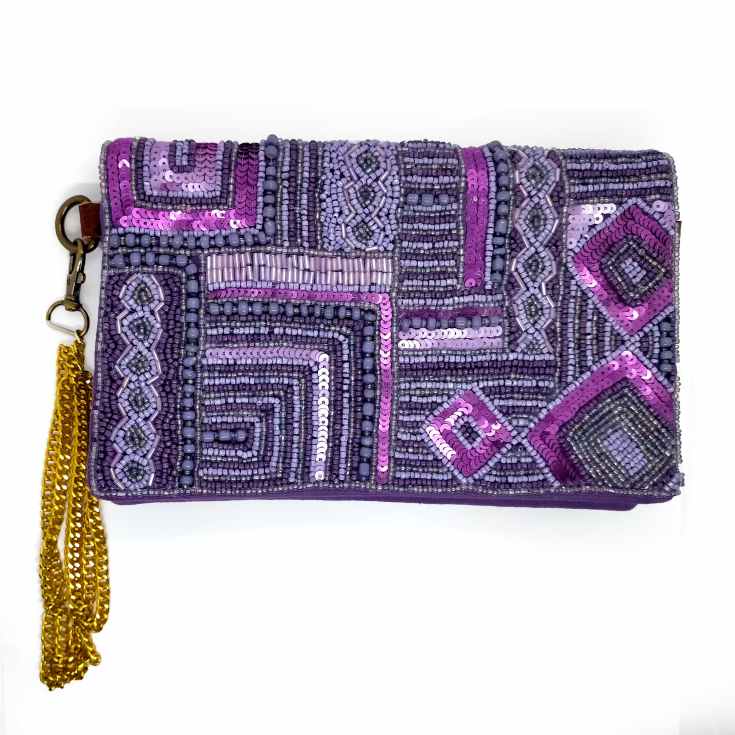 bolso clutch bordado pedreria bordado geometrico violeta