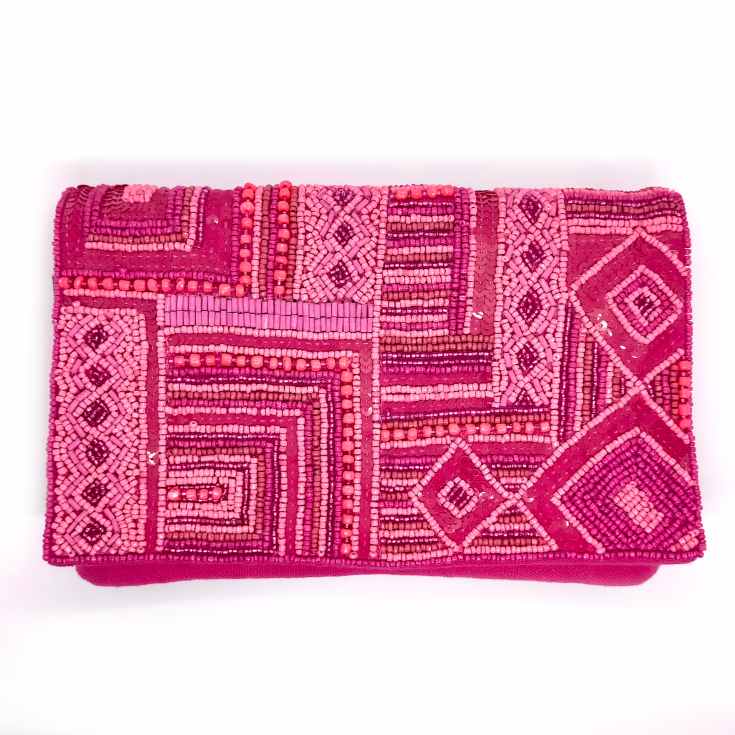 bolso clutch bordado pedreria bordado geometrico fucsia