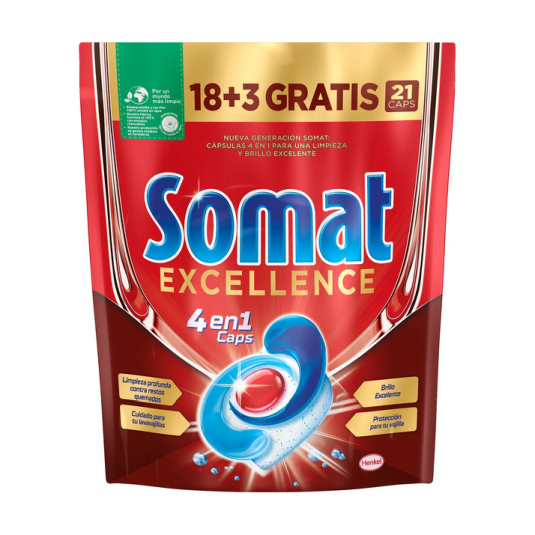 somat excellence detergente lavavajillas 4 en 1 caps bolsa 18+3 capsulas