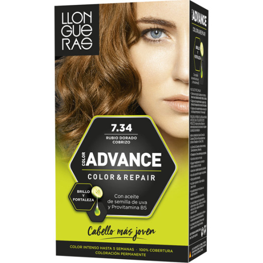 llongueras color advance tinte permanente nº 7.34 rubio dorado cobrizo