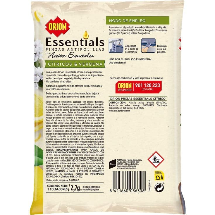 orion essentials pinzas antipolillas citricos 2uds