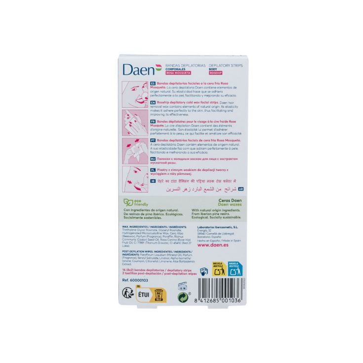 daen bandas depilatorias faciales cera fria rosa mosqueta 16uds