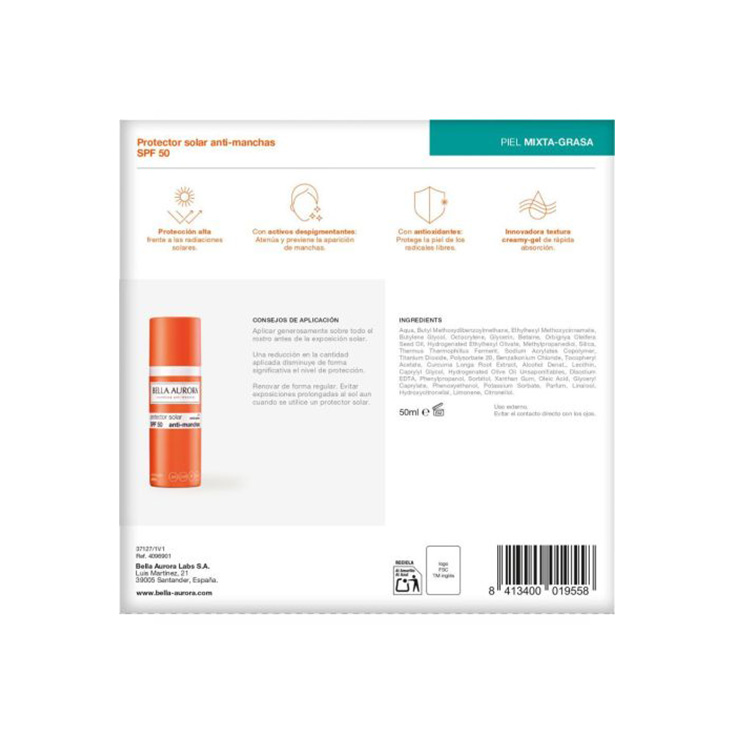 bella aurora solar f50 gel crema piel mixta 50ml+neceser