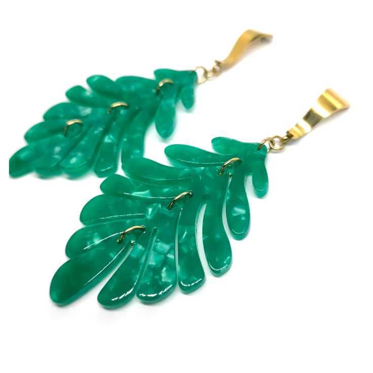 pendientes largos hojas verdes nacarados 1 par