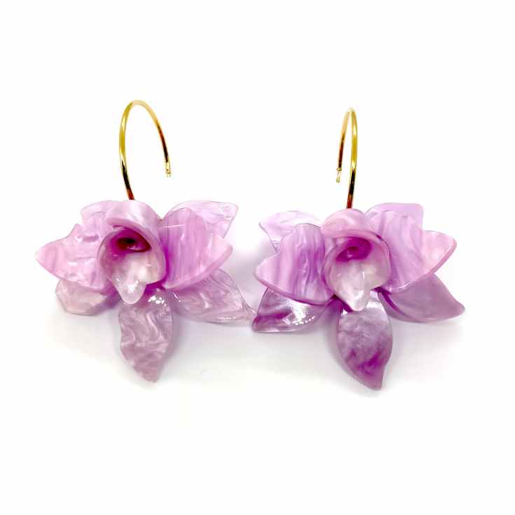 pendientes aro con flor orquidea lavanda 3d acrilico pendientes aro con flor orquidea lavanda 3d acrilico