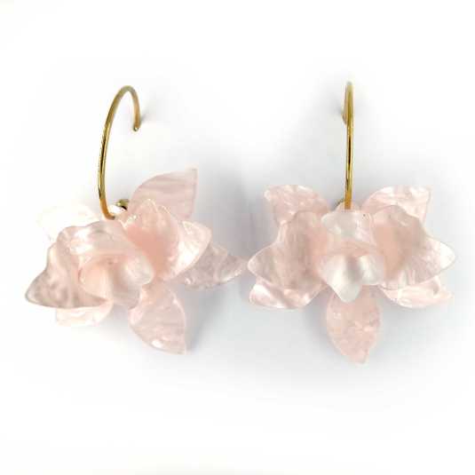 pendientes aro dorado con flor orquidea rosaclaro 3d acrilico
