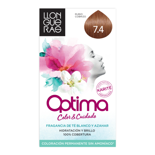 llongueras optima tinte de cabello permanente sin amoniaco tono nº 7.4 cobrizo medio