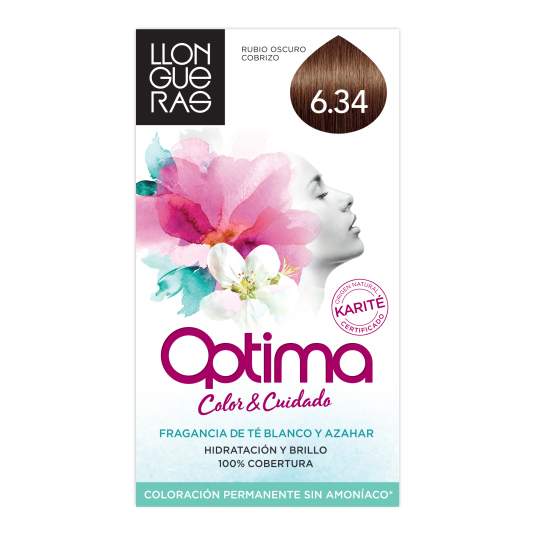 llongueras optima tinte de cabello permanente sin amoniaco tono nº 6.34 rubio oscuro dorado cobrizo