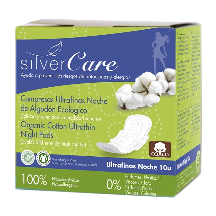 silvercare algodon bio compresas ultrafinas noche con alas 10uds