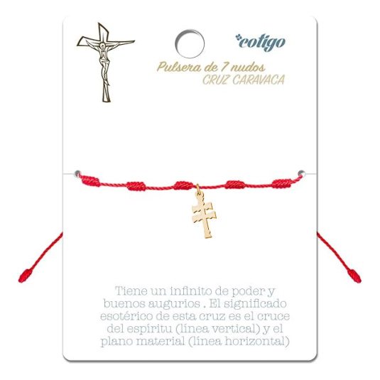 pulsera 7 nudos roja cruz de caravaca dorada