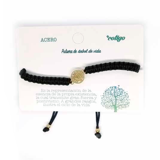 pulsera nudos negra arbol de la vida dorado