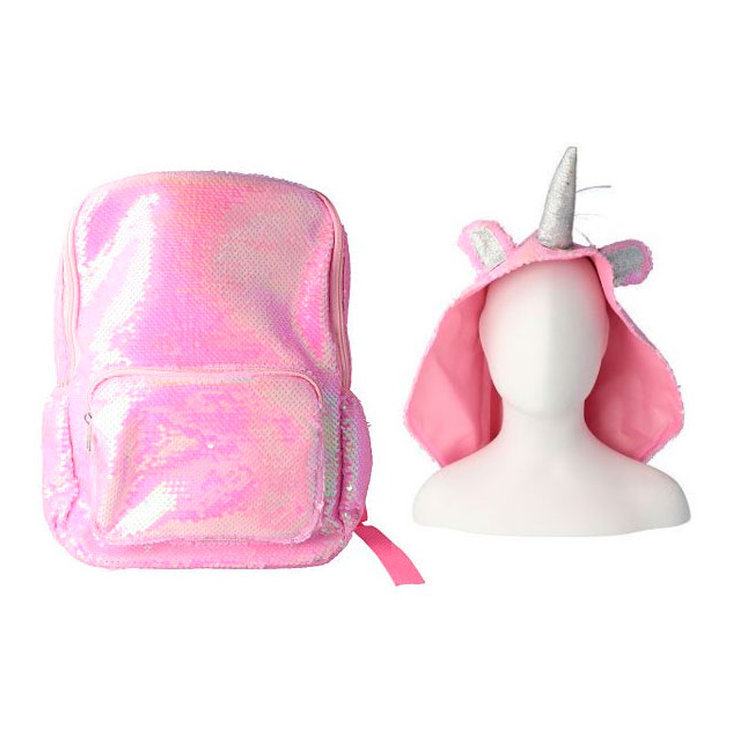 mochila brillante con gorro unicornio rosa infantil