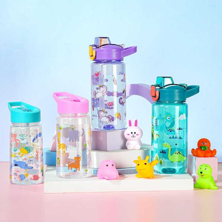 botella de agua infantil sin bpa reutilizable unicornios violeta 600ml 