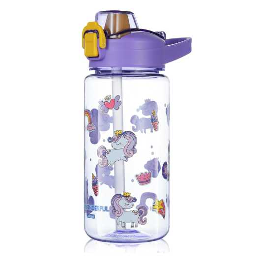 botella de agua infantil sin bpa reutilizable unicornios violeta 600ml 