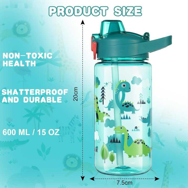 botella de agua infantil sin bpa reutilizable dinosaurios verde 600ml 